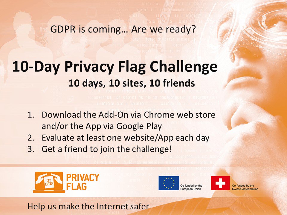 privacyflag's tweet photo. Join our 10 day #PFchallenge! In 10 days the #gdpr is here, are we ready? So, download our #tools, evaluate #apps and websites, and then tell a friend. Let's make the the #internet safer! Also, much easier than your average plank challenge 
#privacy https://t.co/X6GJNE0X2z