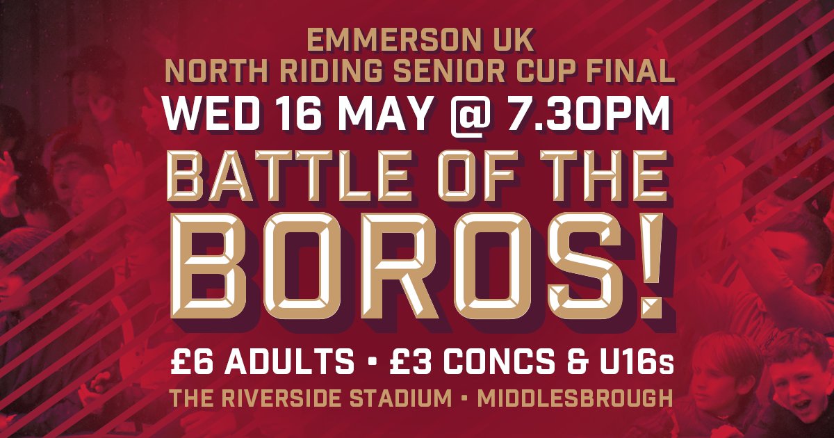 safc's tweet photo. TONIGHT
🆚 @Boro U23s
📍 The Riverside Stadium, TS3 6RS 
🕚 7:30pm KO
🏆 @EmmersonUK @NorthRidingFA  Senior Cup Final
🎫 £6 Adults and £3 for Concessions and U16s https://t.co/4yHNEGnwdJ