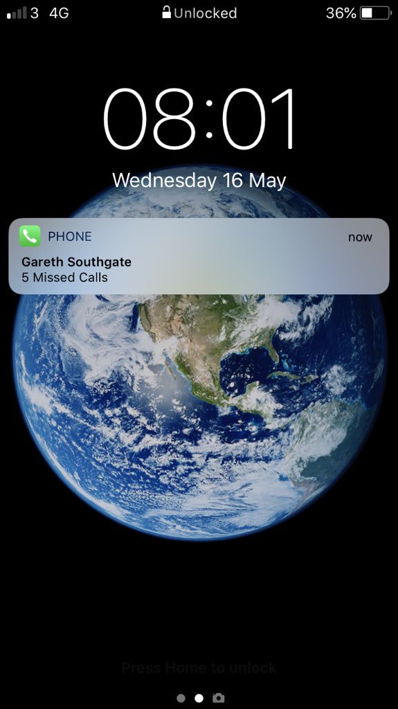 BoringMilner's tweet photo. Just finished my third cup of tea of the morning and noticed I’ve missed 5 calls from Gareth Southgate. Wonder what he wants. https://t.co/rFbhbdHaPV