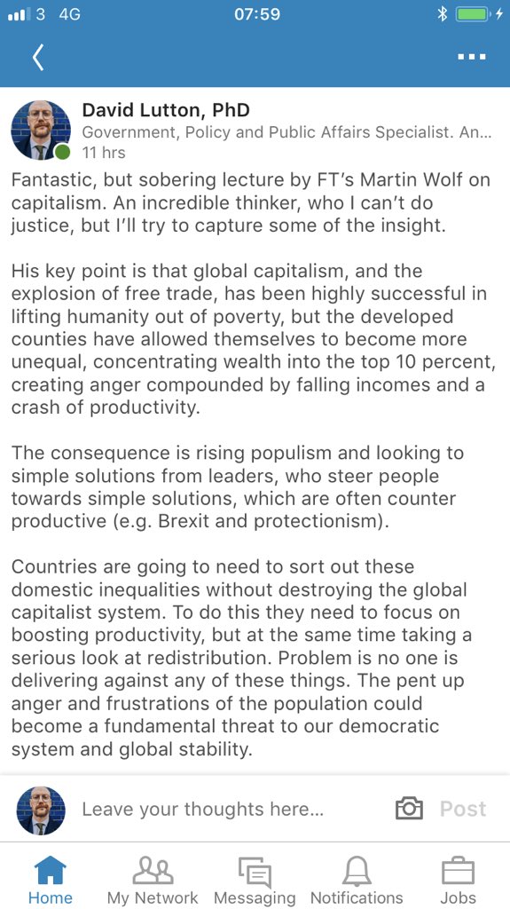 LuttonD's tweet image. Great lecture @martinwolf_ on #capitalism. Argues explosion of free trade successful in lifting majority of humanity out of poverty, but developed world have allowed themselves to become more unequal creating public anger compounded by falling incomes tinyurl.com/y7z8xub