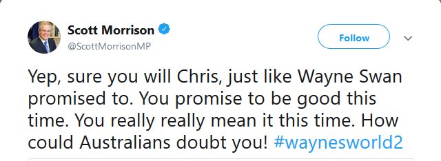 PeterWMurphy1's tweet photo. Shouty-angry Treasurer @ScottMorrisonMP can't debate qualified economist Shadow Treasurer @BowenChris on the economic & societal merits of #Budget2018 v #BudgetReply2018, so he resorts to insults & name-calling. Stay classy, Scott! #auspol https://t.co/sRixTn7rqP