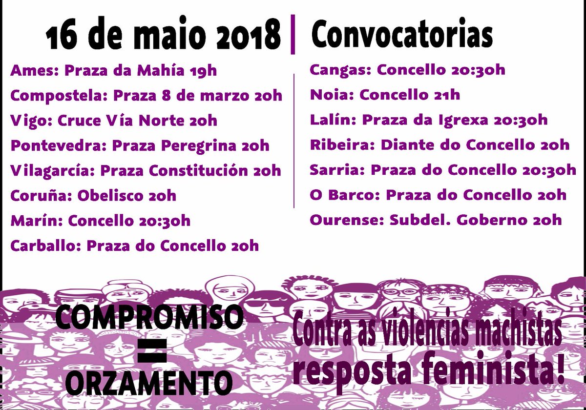 MulleresVigo's tweet photo. Novas localidades súmanse á #manifestación de hoxe #16Maio para que o goberno cumpra co seu compromiso dun #PactodeEstado contra a #ViolenciaDeXénero.
Menos discursos e máis recursos señores/as do @PPopular
Vémonos nas rúas, ás 20h dende o cruce de Vía Norte con Urzáiz ✊🏿💜 https://t.co/lipiT6Qd7i