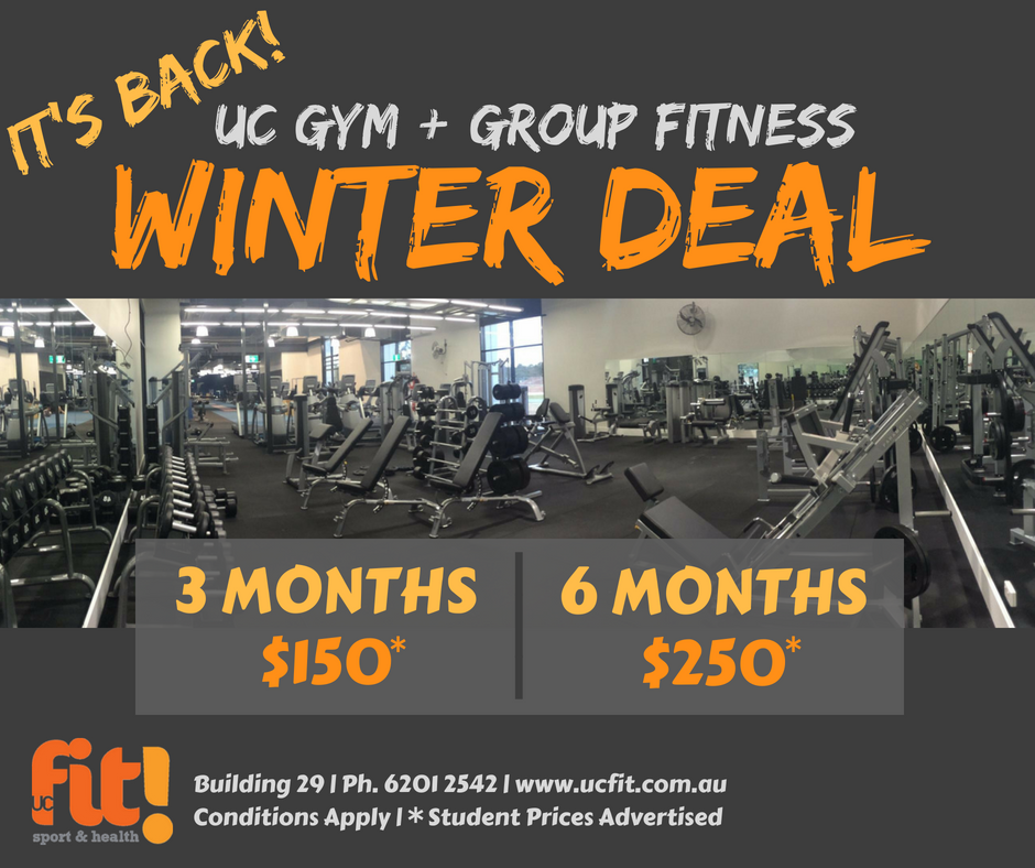 UCFitGym's tweet photo. It's back! Our popular 3 &amp; 6 month Winter Deal Memberships. Open to everyone, over the age of 16 years. Great for those who want to de-stress &amp;/or keep, get fit over the colder months. @UniCanberra @UCLife https://t.co/325dHYB2os