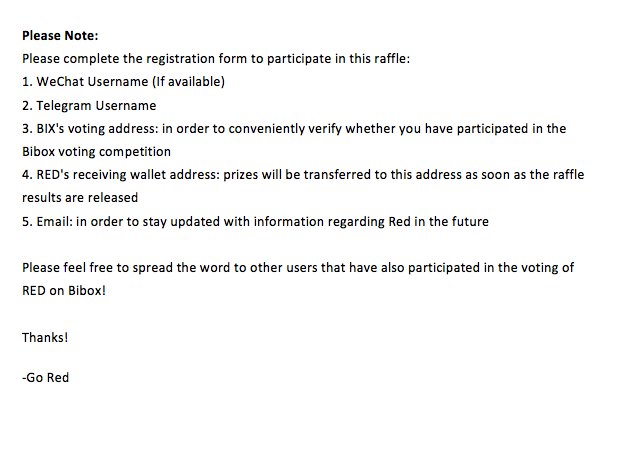 realRedToken's tweet photo. Attention #REDToken supporters: 
In light of our recent successful listing on Bibox, an AI enhanced  encrypted digital asset exchange (#18 in volume), Red wants to give back  to its community by organizing a raffle to win $RED tokens!  

Registration Link: https://t.co/og35ovFbbG https://t.co/nDc6gSljqY