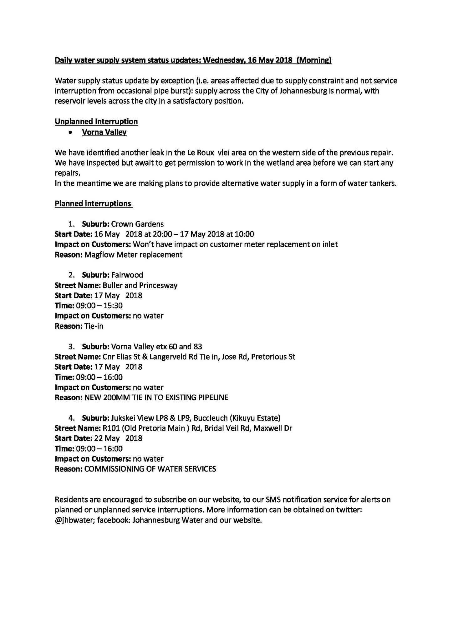 Johannesburg Water on Twitter "PLEASE KINDLY TAKE NOTE OF THE FOLLOWING PLANNED AND UNPLANNED