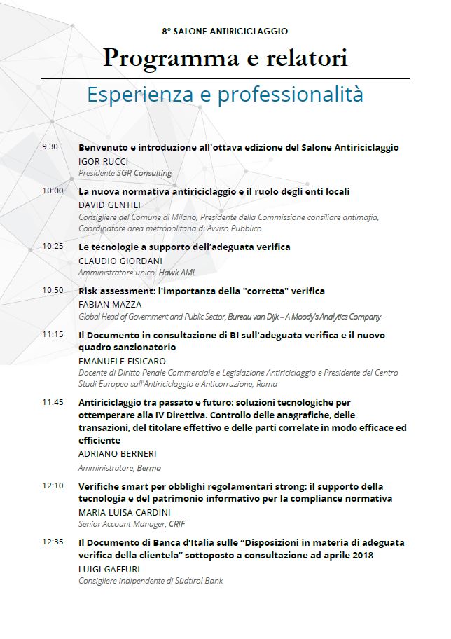 HawkAml's tweet photo. Programma ufficiale del SALONE ANTIRICICLAGGIO, il 24 Maggio a Milano,il nostro Amministratore Claudio Giordani farà il suo intervento su "Le tecnologie a supporto dell’adeguata verifica" #hawkteam #aml @SGRConsultingSA #saloneantiriciclaggio https://t.co/QpRteQZfzH
