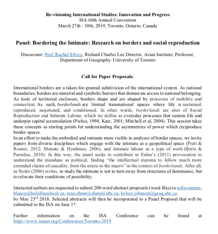 Masayalb's tweet image. #ISA2019 Call for Abstracts👇🏾
DUE NEXT MONDAY MAY 23rd!
Bordering the Intimate: Research on borders and social reproduction

We&apos;re looking for multidisciplinary works focused on #SocialReproduction in all kinds of borders, everywhere.

Any questions? Get in touch!