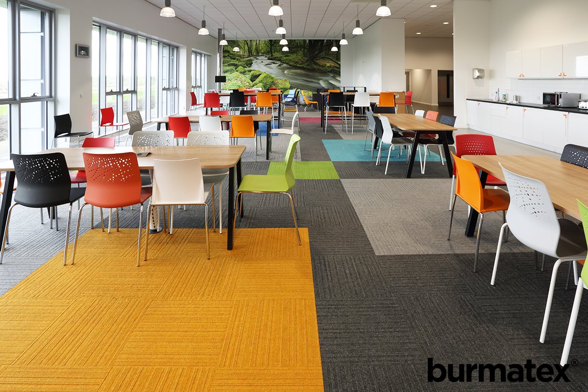 burmatex's tweet image. Blocks of burmatex lateral #carpettiles have been used to brighten up this #office canteen. See link for full colour palette: burmatex.co.uk/contract-carpe…