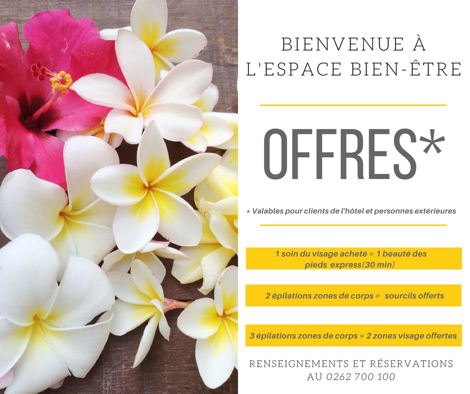 HotelLeRecif's tweet photo. Espace bien-être : Profitez de nos offres du moment au Récif, moment de détente absolu garanti ✨✨🌺 #offres #beauté #réunion #hotellerécif #fêtedesmres https://t.co/OBcU1dI2w4