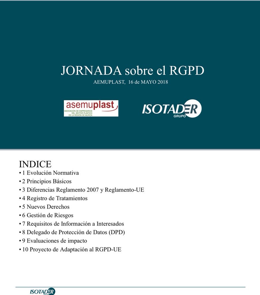 IsotaderSocial's tweet photo. En unos minutos @IsotaderSocial presentará a los asistentes los principales puntos que recoge el Nuevo Reglamento Europeo sobre Protección de Datos en la Jornada de @ASEMUPLAST #RGPD #LOPD #murcia https://t.co/GXG23fXXAk