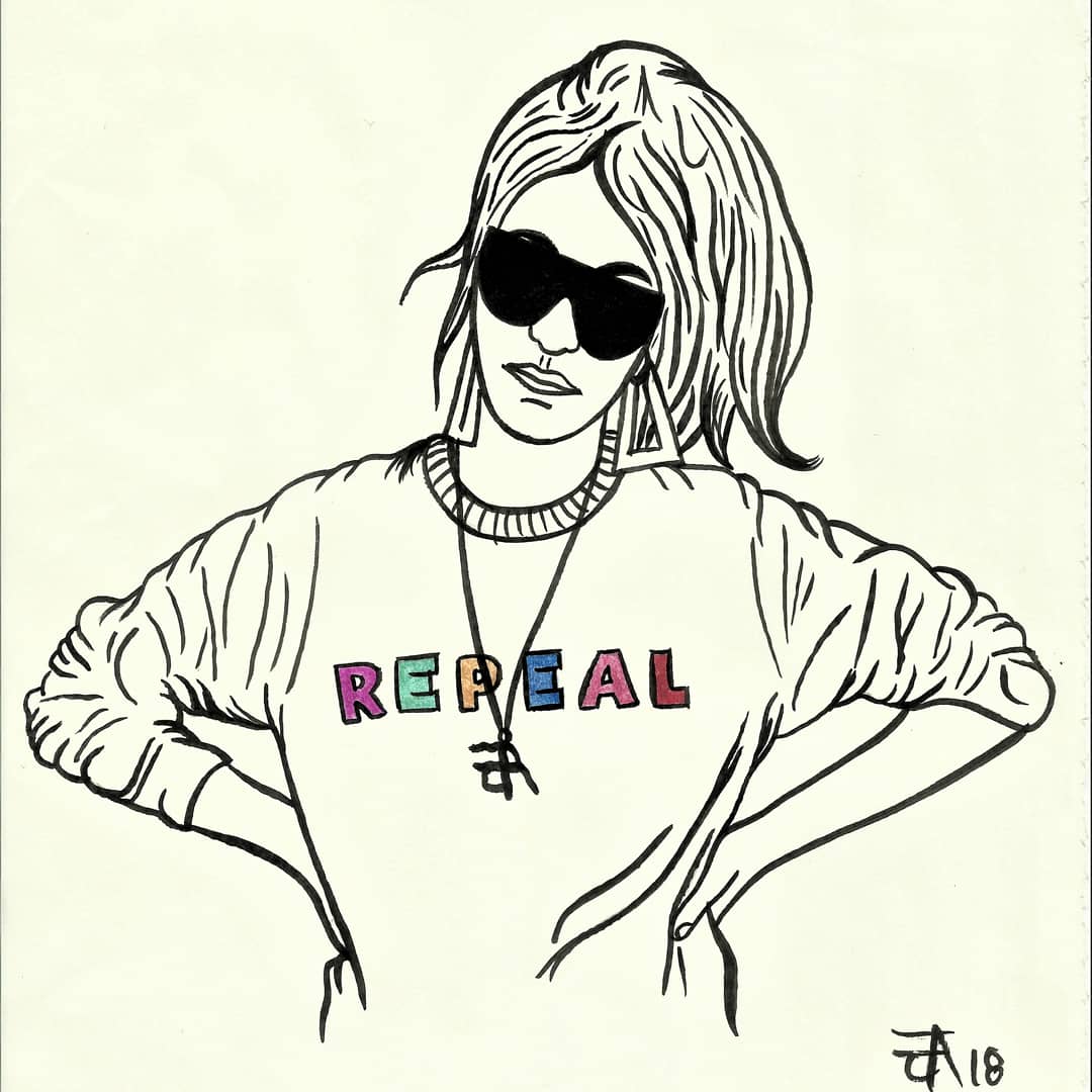 Franky_FDA's tweet photo. "Repeal the 8th"

#indianink #painting #drawing  #moleskinepaper #blackink #repealthe8th #repeal #artistsforrepeal #repealproject #menforrepeal #womensrights #voteyes #may25th #jumper #shades #earrings #chain #dublinartist #Irishartist #frankydoodlesart #2018 https://t.co/0DLIZSGnhK