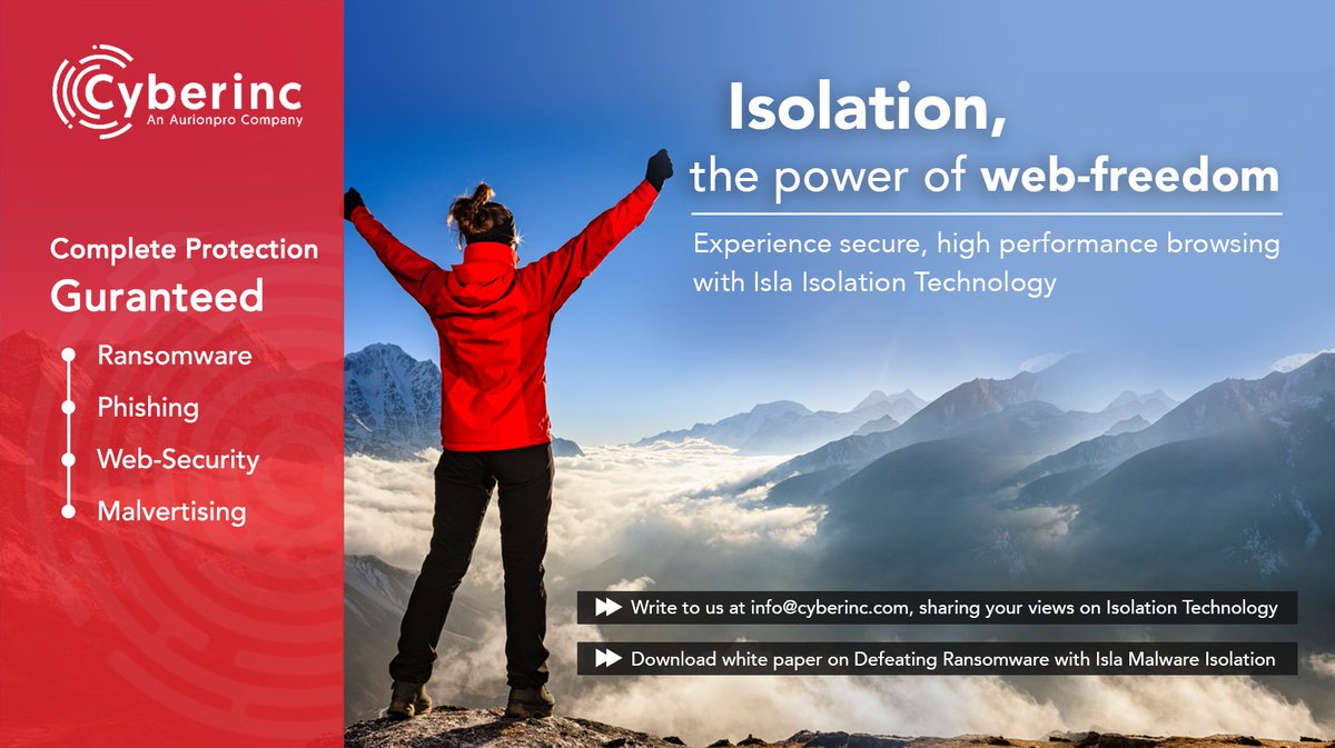 Cyberinc_Secure's tweet image. Unleash the true power of #webfreedom with Isla Isolation Technology. 
Ensured protection against wide range of advanced #cyberattacks launched through the browser by isolating #malware from the enterprise endpoints.
bit.ly/2Gm1Zb9