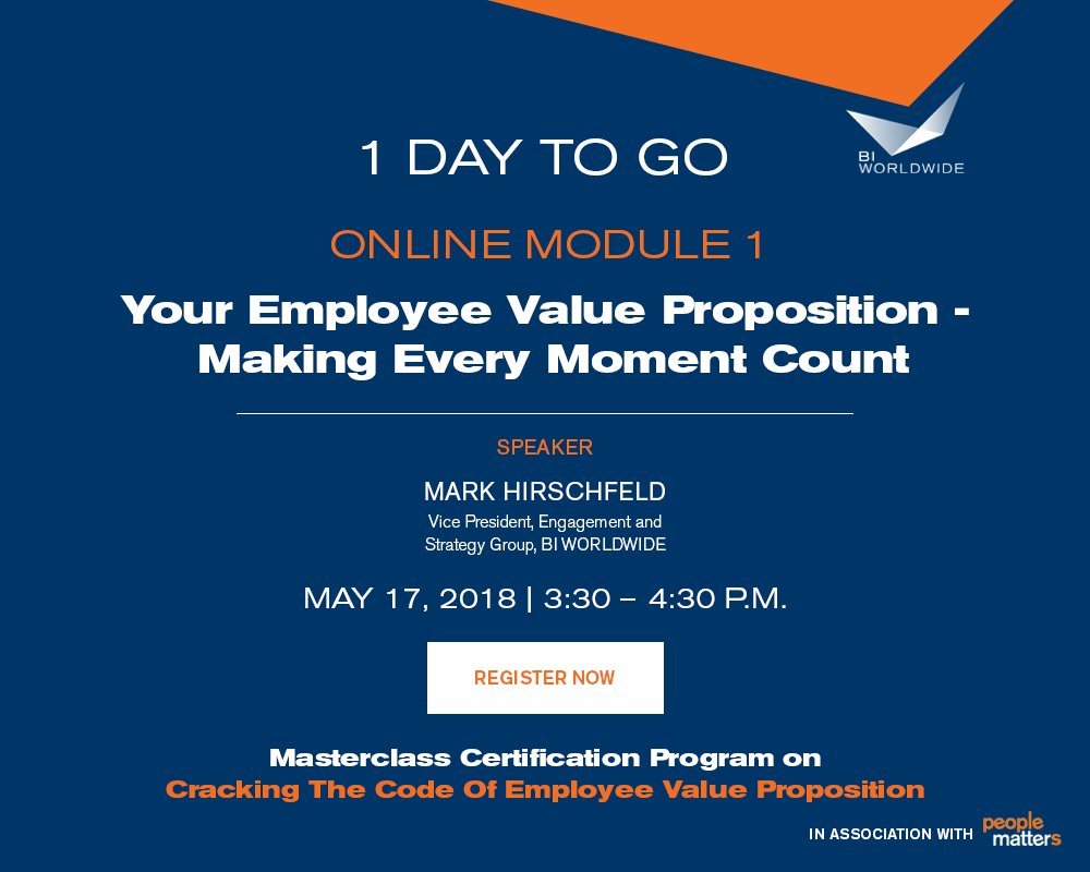 BIWorldwide_In's tweet photo. Hear @MDHirschfeld talk about how recognising #employees’ moments at workplace & making it count, directly impacts their efficiency and offerings to organisation. Register for #masterclass certification program on Cracking the Code of #EVP - https://t.co/7ahNfgklBe https://t.co/Ma8pHlqW7s