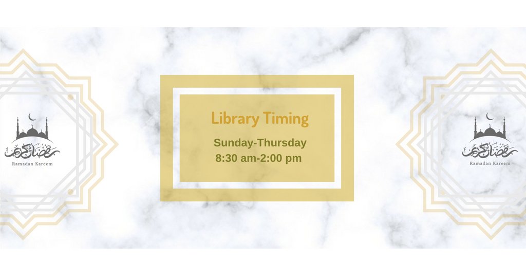 كل عام وانتم بخير بمناسبة حلول شهر رمضان المبارك اعاده الله علينا وعليكم بالخير والبركات.
 
اوقات العمل في المكتبة