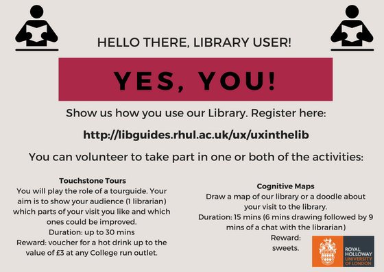 RHUL_Library's tweet photo. We want to see the Library like you do! Register to volunteer in our research: https://t.co/2luZ0VEJWr It will take only 15-30 mins of your time and have coffee/sweets on us! #rhullibrary #RHandME #UX #UXLibs https://t.co/twg51ZfQkr