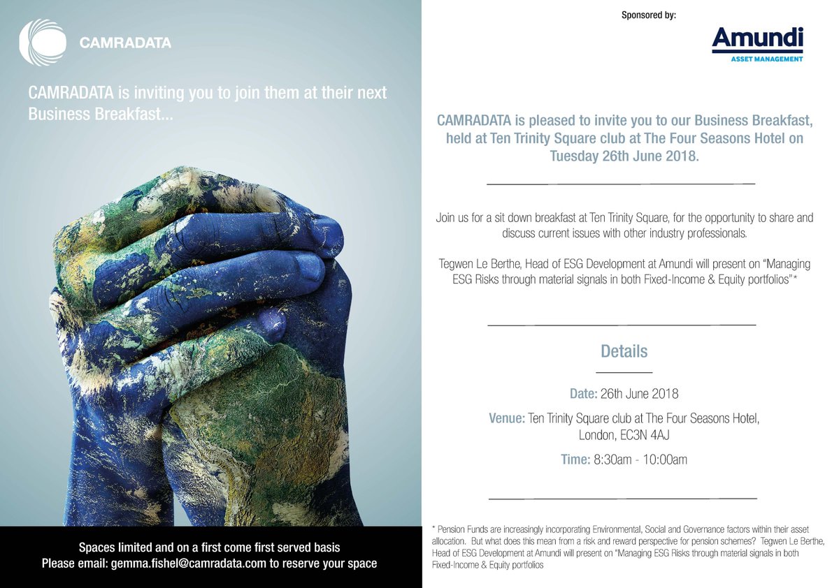 CAMRADATA's tweet photo. @CAMRADATA's second Business Breakfast in June with @Amundi_ENG will provide insight into managing #ESG risks across #pensionschemes.
Click the link to register your attendance https://t.co/ZfXAxa6S9B #CAMRADating https://t.co/J66r8ZCDFb