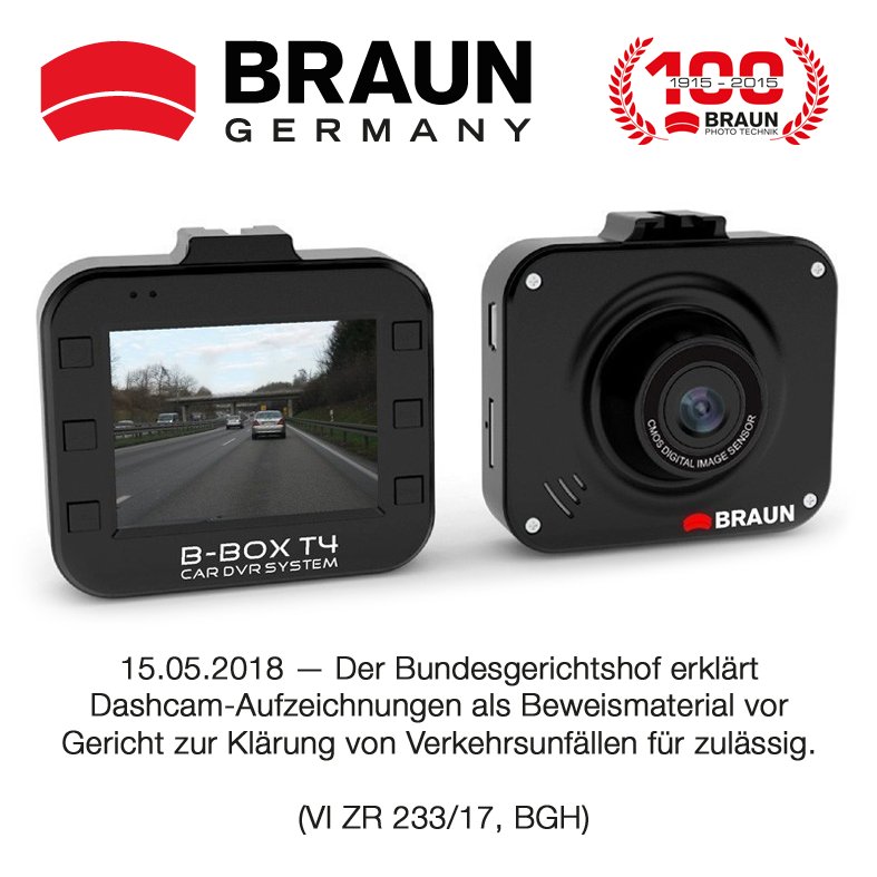 BraunGermany's tweet photo. Dashcam-Aufnahmen dürfen als Beweis vor Gericht verwendet werden (VI ZR 233/17, BGH) #Dashcam #Dashcams  (15.05.2018)

Die neuen BRAUN® Photo Technik Car DVR Systeme — Ab sofort in Elektronikfachmärkten und online erhätlich! https://t.co/YJi9tJQrMd https://t.co/TSpzFYsYWF