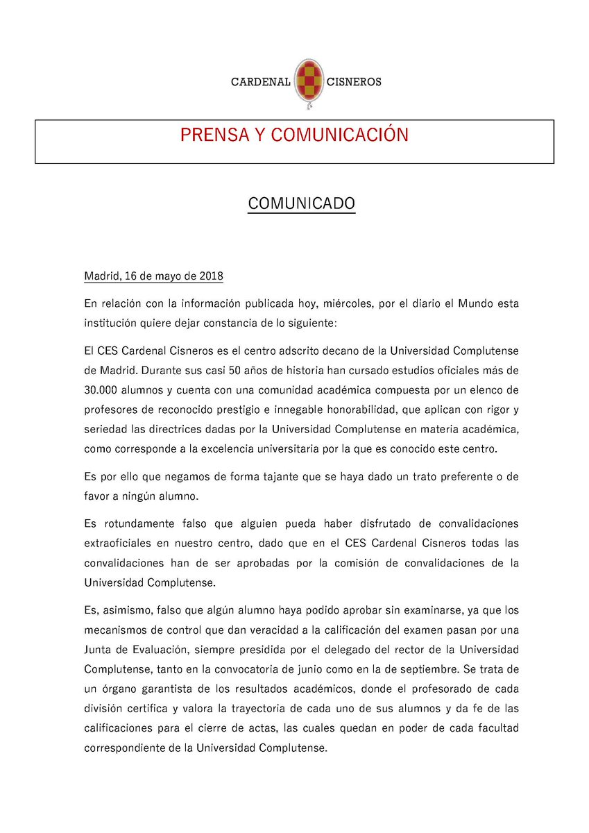 CES_Cisneros's tweet photo. Comunicado del Centro de Enseñanza Superior Cardenal Cisneros en relación con la información publicada hoy, miércoles, por el diario el Mundo. https://t.co/hpcqUzeG4P