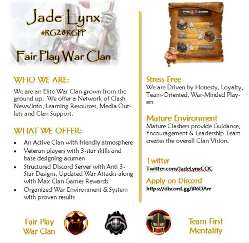 JadeLynxCOC's tweet photo. Unfortunately a clan which merged with Us parted ways with us we wish them best of Luck. Right Now we r looking for mature Th9+ with 10/5 heroes and atleast 1 war troop ready  #Clan #clanwars #Th9 #th10 #th11 #ClashOfClans #Recruiting #supercell #war @CTC_coc @RedditClash https://t.co/YJMzqFlRr3