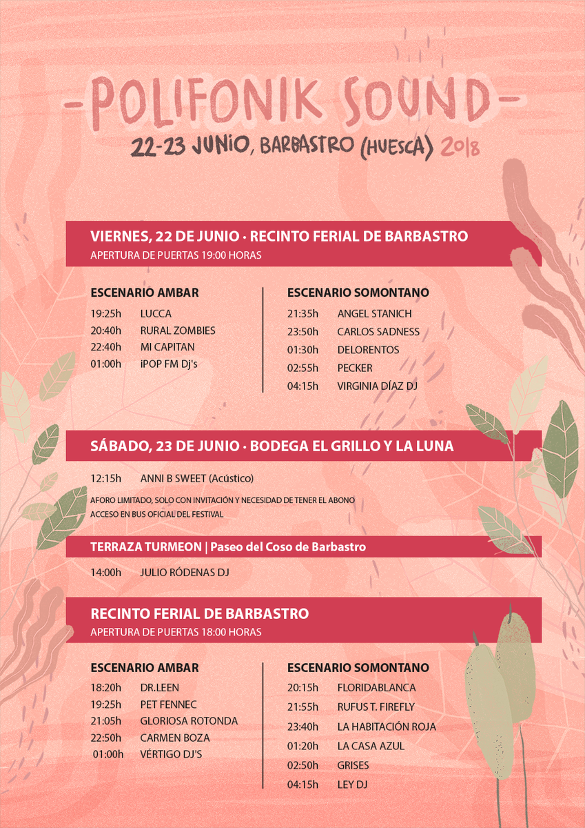 **HORARIOS PolifoniK Sound 2018**

Abonos y entradas en polifoniksound.com/web/entradas

#horarios #junio #festival #guerrafestivales #festivales #indie #musica #aragon #somontano #huesca #barbastro #polifoniksound #miercoles #finde #verano #planesfinde