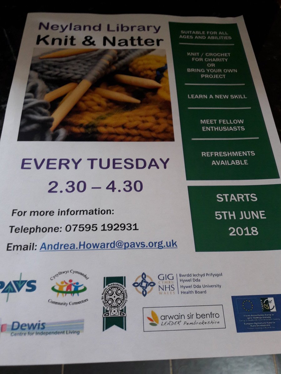 Knit and Natter groups starting in Neyland and Pembroke libraries on June 5th. Everyone Welcome!
#Community
#Pembrokeshire 
#knitting