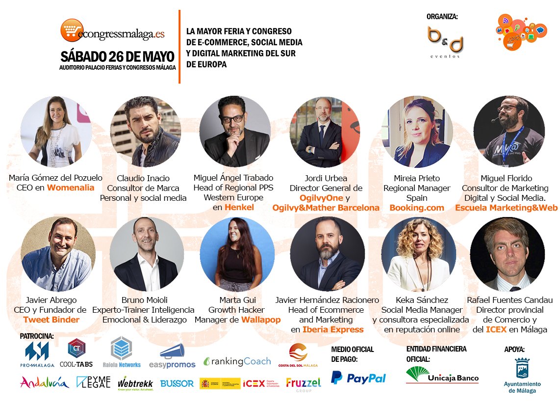 eCongressMalaga's tweet photo. Éste es el conjunto de conferencias para el VI #eCongress Málaga | Sábado 26MAYO: @mgdelpozuelo @martaoui @JaviHRacionero @bookingcom @BrunoMoioli @cinacio06 @MATrabado @miguelfloro @kekasanchez @fjabrego @jordiurbea @ICEX_ 
¿Te lo vas a perder? https://t.co/UJDMk6gp9m
#ecommerce https://t.co/eZH5luktUP