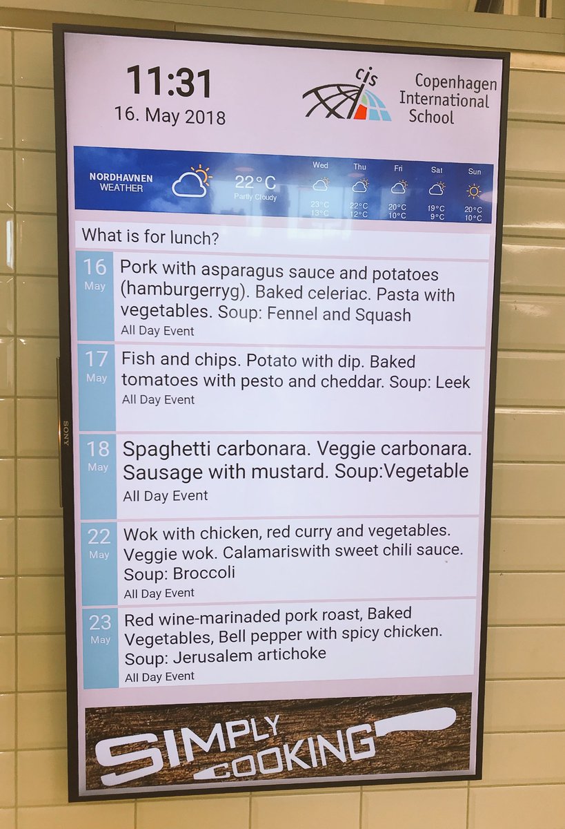 What’s for lunch, you ask? We now have a dynamic lunch menu, time AND weather forecast in our canteen <a href="/CISDK/">Copenhagen International School</a> — made available by integrating two great 🇩🇰 products <a href="/airtame/">Airtame</a> and <a href="/screenpublisher/">Screenpublisher</a>