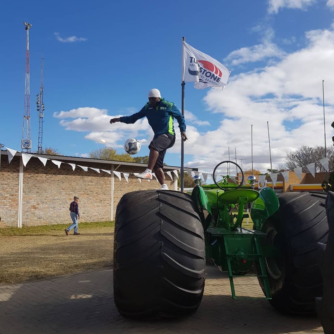 BKTtires's tweet photo. For @iyatraore every corner is a good place to start a show! 🤙 
And obviously #BKTtires are really comfortable! 😉
Here he is in Nampo, the largest agricultural show in South Africa! https://t.co/l4srW05cTD