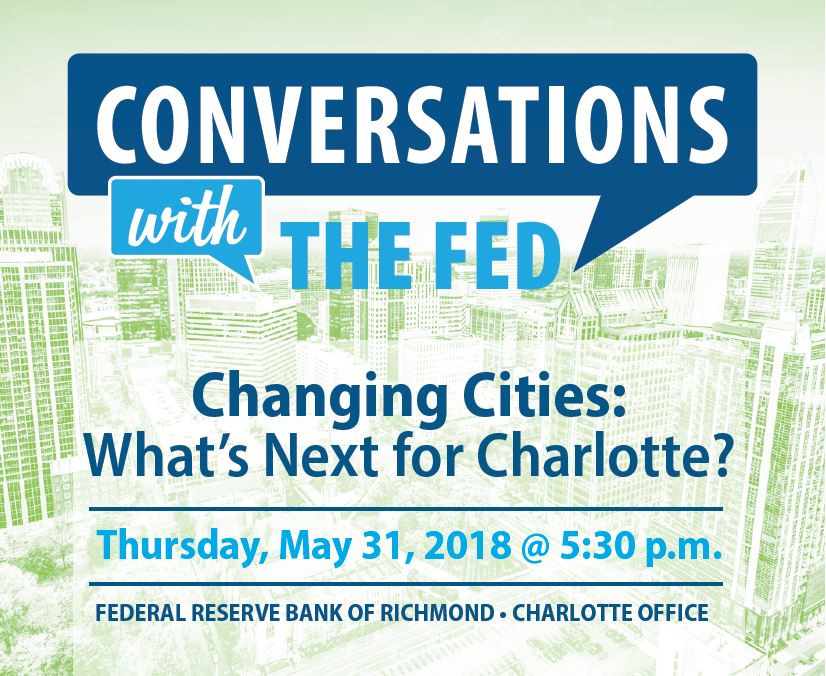 RichmondFed's tweet photo. Our next "Conversations with the Fed" event focuses on the evolution of cities. Register today for "Changing Cities: What's Next for Charlotte?" on May 31 with discussion including experts from @unccui @knightfdn and @FFTC_RCCL https://t.co/iGUp0eX2sq https://t.co/hCCgBXmuEo