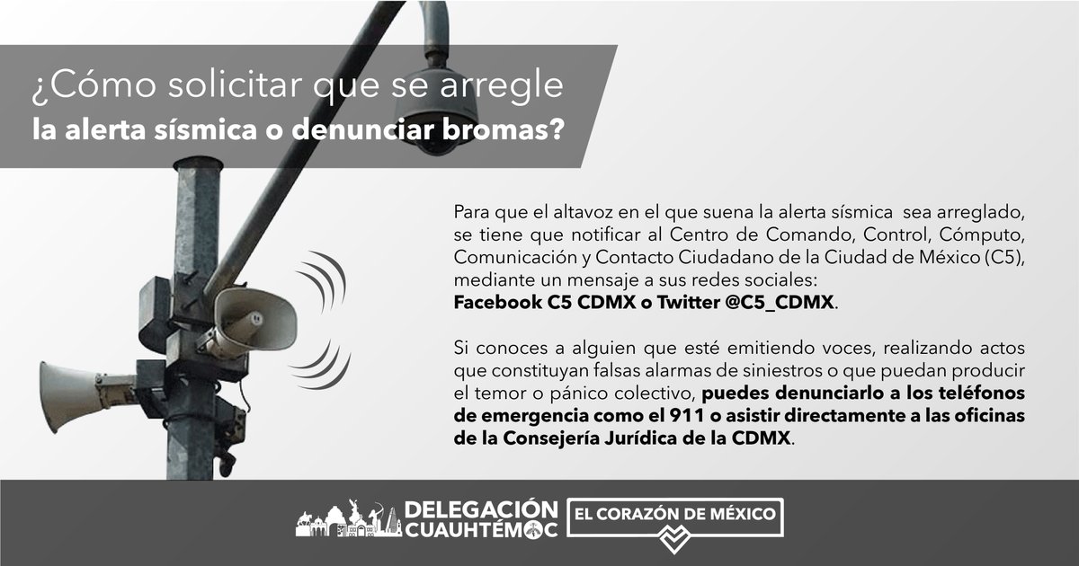 📌 Vecino, si detectaste alguna #AlertaSísmica que no funciona adecuadamente, da aviso al <a href="/C5_CDMX/">C5 CDMX</a> para su revisión. 🔊