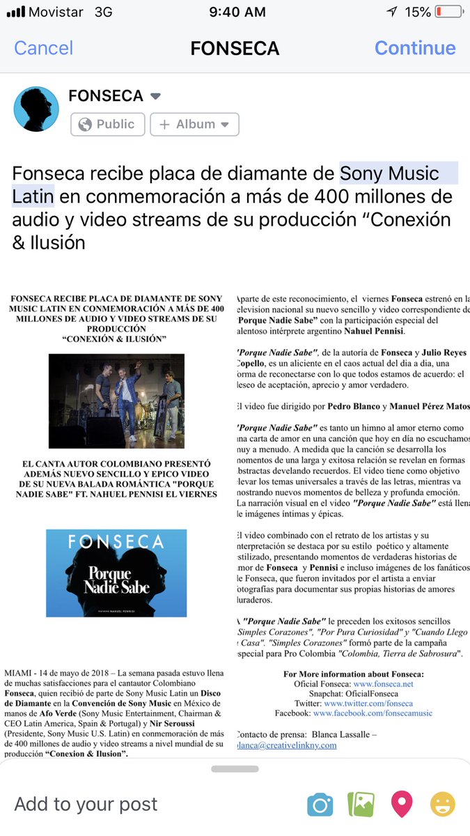 Fonseca On Twitter Fonseca Recibe Placa De Diamante De Sony Music Latin En Conmemoracion A Mas De 400 Millones De Audio Y Video Streams De Su Produccion Conexion Ilusion Https T Co 4smmml64s5 (они, должно быть, на даче) twitter