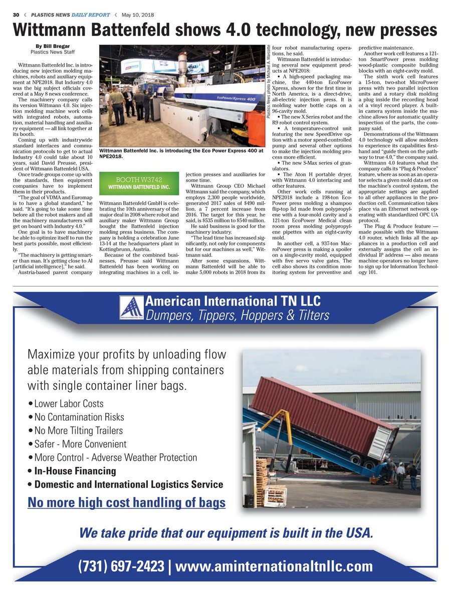 WittmannUSA's tweet image. Thanks to everyone for visiting us at #NPE2018 !  Did you see the article in Thursday's @plasticsnews show daily?   Check it out:  bit.ly/2KqYnXW