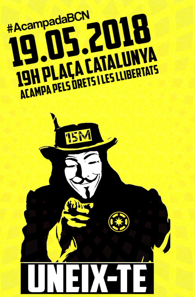 Acampadabcn's tweet photo. #AcampadaBCN dissabte 19 de maig, 19h plaça Catalunya.

Tornem a les places!

-Llibertat d'expressió i circulació.
-Habitatge digne per a totes.
-Fora la llei d'estrangeria.
-NOesNO
-Llibertat per a totes les preses polítiques.

Difon!
#15MReviu #7Anys15M #LlibertatValtònyc https://t.co/Q0XSXEjEoE