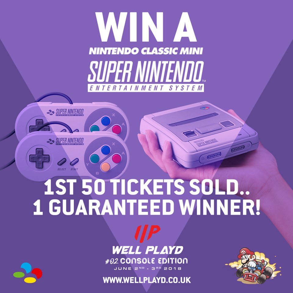 WellPlaydUK's tweet photo. COMPETITION TIME!
For our 1st competition we are giving away a Mini SNES console!
The 1st 50 tickets sold for the event will automatically be entered and one of you WILL take home a Mini SNES at #WP02
Tickets & event info: https://t.co/2y1wRMZqI0 #SNESClassic #WP02 https://t.co/i99aa0OKZM