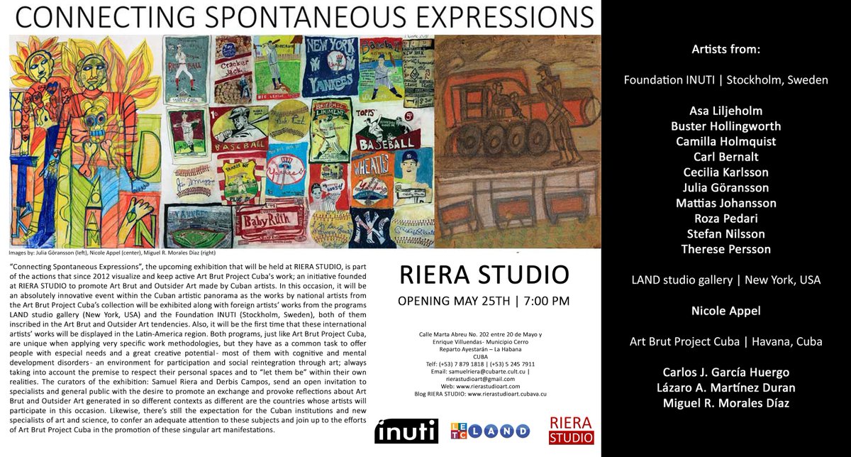 RieraStudio's tweet photo. @RieraStudio invite to its upcoming exhibition. For the first time in Cuba and Latin-America, artists from @LANDgallery (USA) and INUTI ateliers (Sweden) showing his works with Cuban artist. #rierastudio #artbrutprojectcuba #samuelriera #outsiderart #artbrut #landgallery #inuti https://t.co/6ZMxyUX6KA