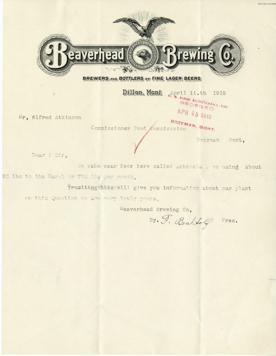Richiehimself's tweet photo. Our holdings document many instances of interaction between federal agencies and the public. This means that we have a bunch of cool letterheads such as this 1918 letter from @BeaverheadBeer.

From RG 4, Records of the US Food Administration.
https://t.co/btMFCVCzBN https://t.co/peSHll2SqR