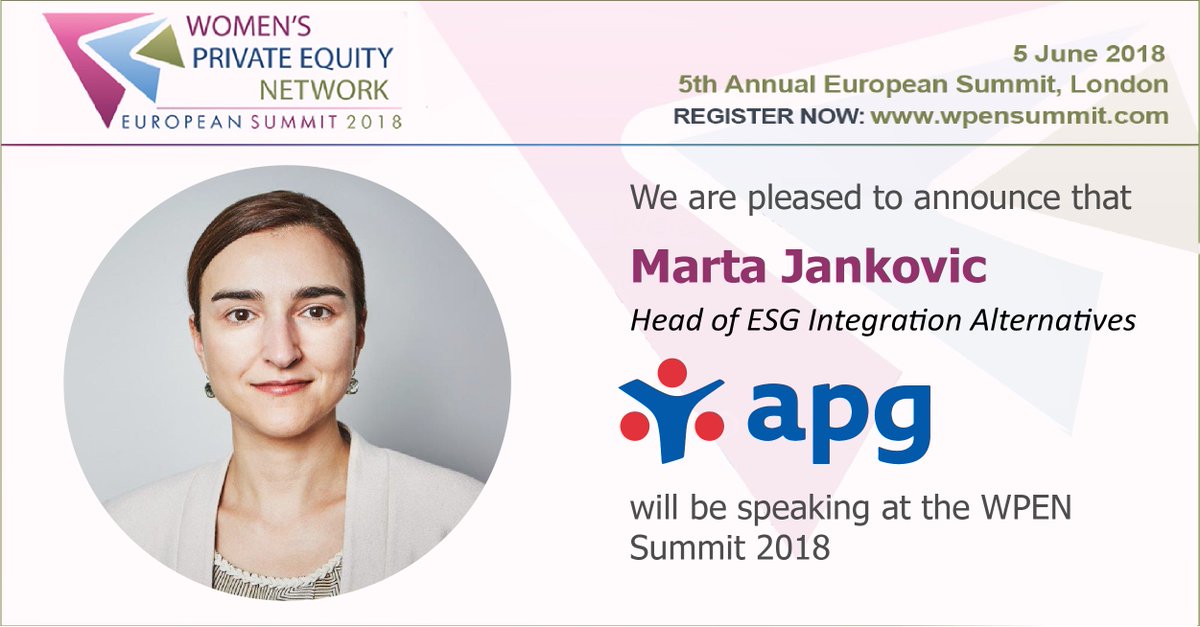 WPEN_'s tweet photo. We are delighted to announce that Marta Jankovic, Head of ESG Integration Alternatives at APG will be speaking at the 5th Annual WPEN Summit on 5th June 2018 in London. Limited number of Early Bird Rate passes remaining! Register today and do not miss out https://t.co/akQJWJvUgw https://t.co/OFHTE13FXS
