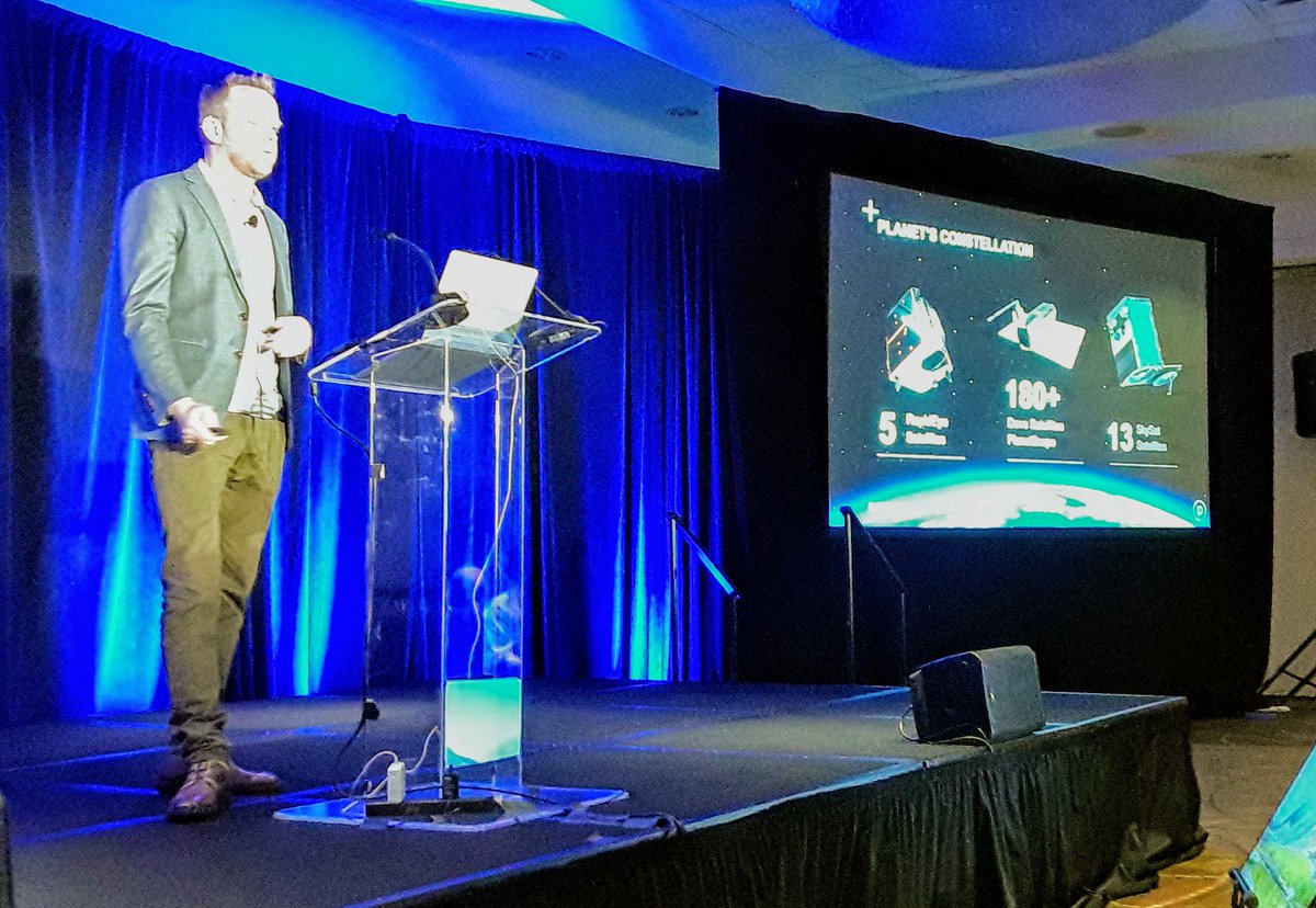 TernerGeo's tweet photo. #FOSS4GNA Keynote @opencholmes has rapt audience looking at him, not their devices, w/ superb talk linking micro satellites, micro rockets, machine vision, deep learning &amp; open software &amp; standards to tackle the planet's biggest problems. @planetlabs https://t.co/YF3CtaYNe5