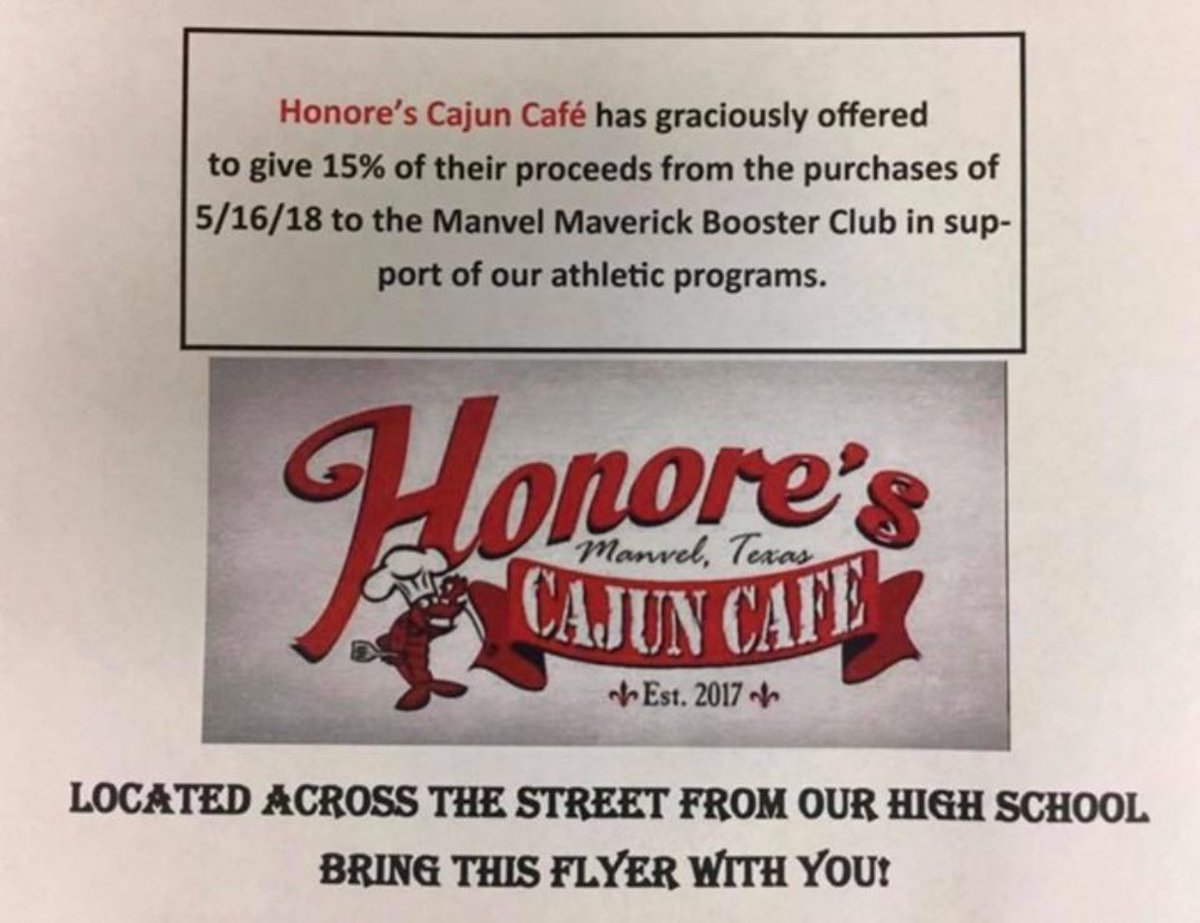 Honore's Cajun Cafe (@honorescajuncaf) on Twitter photo TODAY Honore’s Cajun Cafe teams up with <a href="/ManvelHS/">Manvel High School</a> to donate 15% of our proceeds in support of Manvel’s athletic programs. HOKA HEY⚽️🏀🏈⚾️🎾🏐⛳️ TODAY Honore’s Cajun Cafe teams up with <a href="/ManvelHS/">Manvel High School</a> to donate 15% of our proceeds in support of Manvel’s athletic programs. HOKA HEY⚽️🏀🏈⚾️🎾🏐⛳️