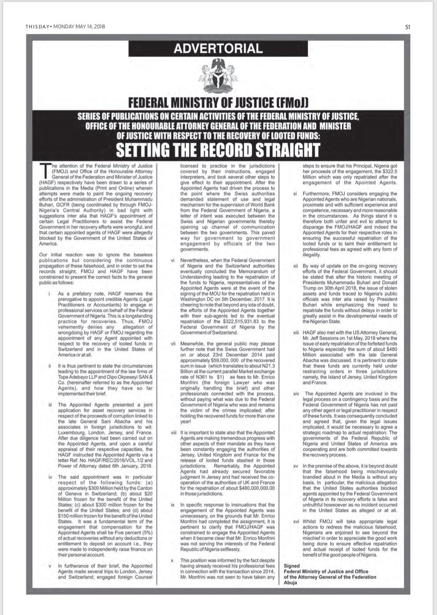 The Office of the AGF <a href="/AbubakMalamiSAN/">AbubakMalamiSAN</a> and Federal Ministry of Justice responded to the publications accusing AGF Malami of mishandling the process of recovering looted funds.