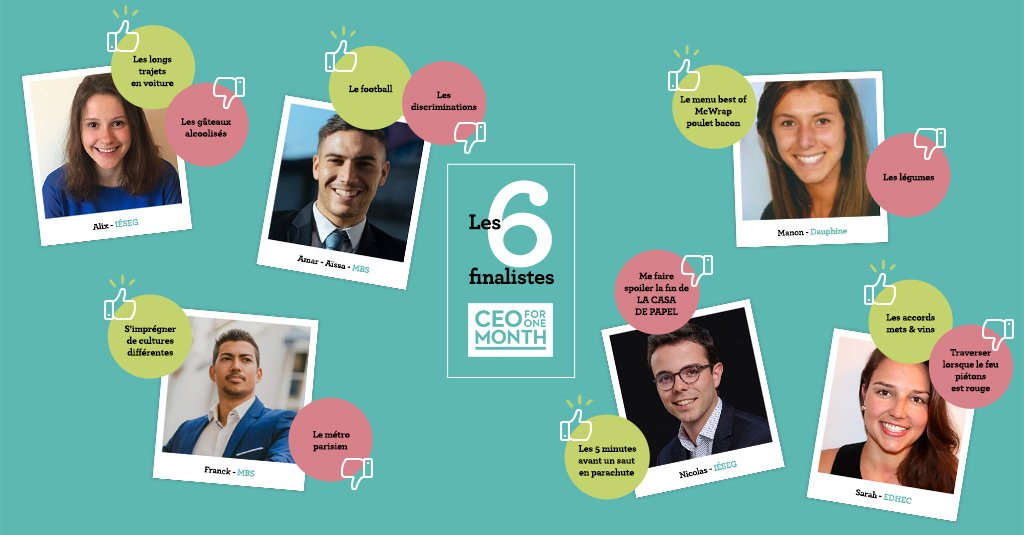 Ils étaient plus de 9 000 candidats. Ils ne sont désormais plus que 6 ! Découvrez les visages des 6 finalistes du Bootcamp. Qui sera le prochain #CEO1Month ?