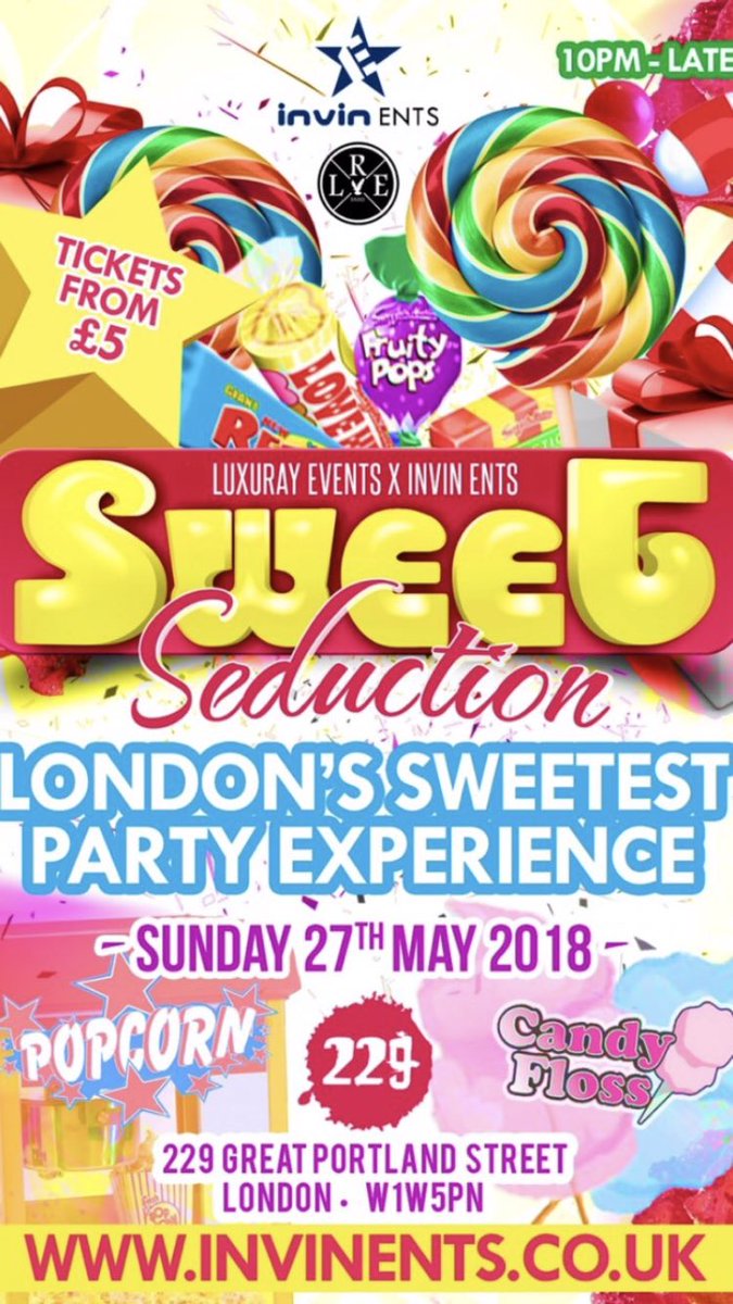 invinents's tweet photo. Come party with us next week Sunday at 229 The Venue 😆 grab tickets at https://t.co/U8qdI5J5Ki #SWEETSEDUCTIONS 🍬🎉💥 https://t.co/gw3EVeuYwW