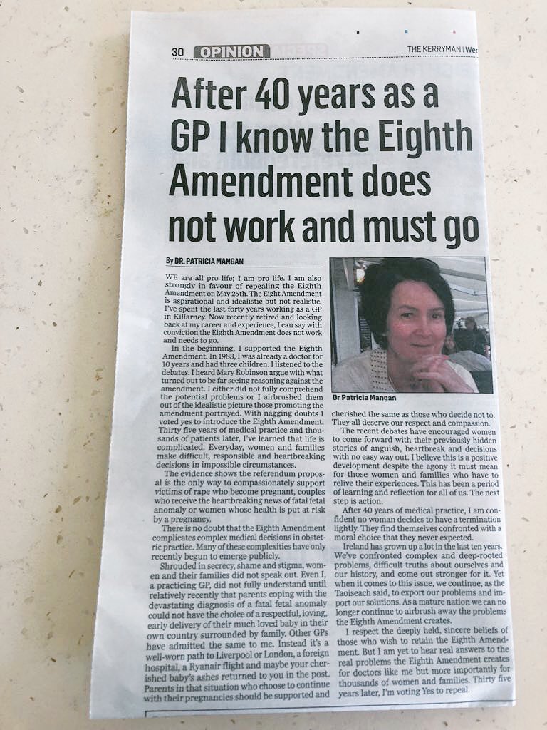 Doctors4Choice's tweet photo. Can't but be proud of our Killarney GP Dr Patricia Mangan. Describing how she went from voting for the 8th in 1983 to campaigning to remove it now. Her huge experience providing care for women with crisis pregnancies informing her thinking. #together4Yes @KerryForChoice https://t.co/lQmSQnnJnQ