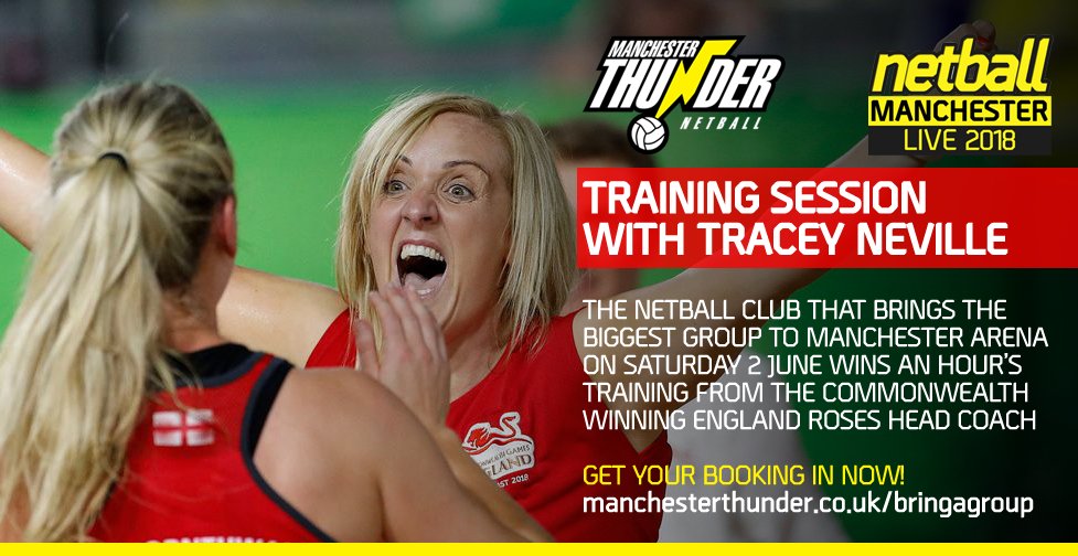 Manchester Thunder (@thundernetball) on Twitter photo Netball Clubs - we have an amazing prize for you...
The Club who bring the biggest group to Manchester Arena on 2 June will get an hour's coaching from non-other than <a href="/traceynev/">Tracey Neville MBE</a>.
Get signing people up and send your bookings in now - manchesterthunder.co.uk/bringagroup/ Netball Clubs - we have an amazing prize for you...
The Club who bring the biggest group to Manchester Arena on 2 June will get an hour's coaching from non-other than <a href="/traceynev/">Tracey Neville MBE</a>.
Get signing people up and send your bookings in now - manchesterthunder.co.uk/bringagroup/