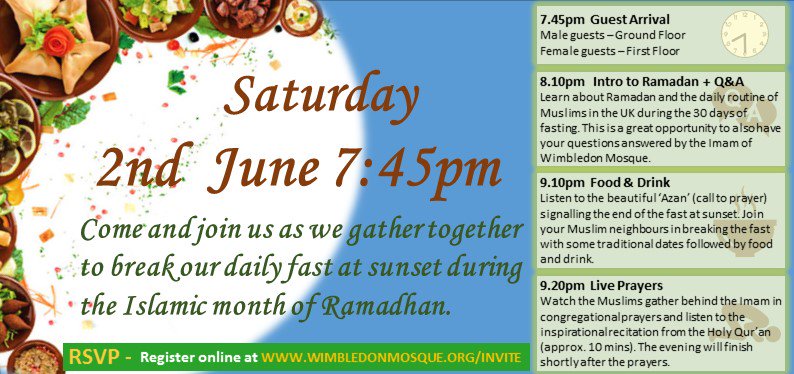 WimbledonMosque's tweet photo. #RamadanMubarak from Wimbledon Mosque. Ramadan officially starts after sunset today with the first fasting day on Thu 17-May

Not fasting but want to experience #Ramadan? Join us for a special #Iftar community event Sat 2-Jun. All Welcome!

Register Free: https://t.co/W5yNhEdc5m https://t.co/TrKrBxpEi1