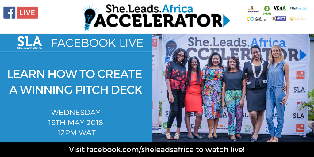 SheLeadsAfrica's tweet photo. We are LIVE! Join us on facebook to learn more about the #SLAAccelerator, the application process and creating a pitch deck that will help you stand out! Click here to watch: at https://t.co/P6Pbw3AZLg https://t.co/Z8jvbdl8YR