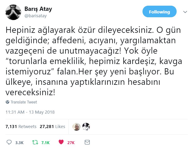 "Onlar ümidin düşmanıdır sevgilim, 
akar suyun, 
meyve çağında ağacın, 
serpilip gelişen hayatın düşmanı." (NHR)
 
Onlar barışın düşmanıdır sevgilim
düşünen her beynin
adalet için çarpan her kalbin
özgür her insanın düşmanı...
#yargılanacaklar
#BarisAtay 
#BarısAtayYalnızDeğildir