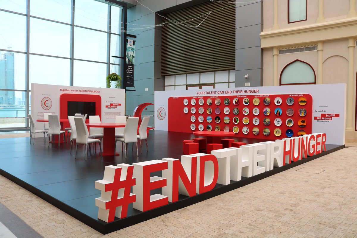 theavenuesbh's tweet photo. We are pleased to launch our #EndTheirHunger charity campaign in partnership with @rcsbahrain The campaign aims to raise funds to provide adequate food provisions for families in need all over. Donate, to receive a plate decorated by Bahraini local artists or paint on your own. https://t.co/Gt0Mq07KLm