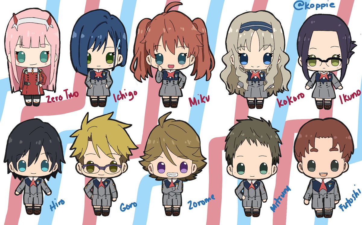 9 Days Before I M Free On Twitter Darling In The Franxx Chibi Version Deleted The First One Because I Got Mitsuru S Name Wrong Darlinginthefranxx Zerotwo Hiro Mitsuru Kokoro Goro Zorome Ichigo Miku