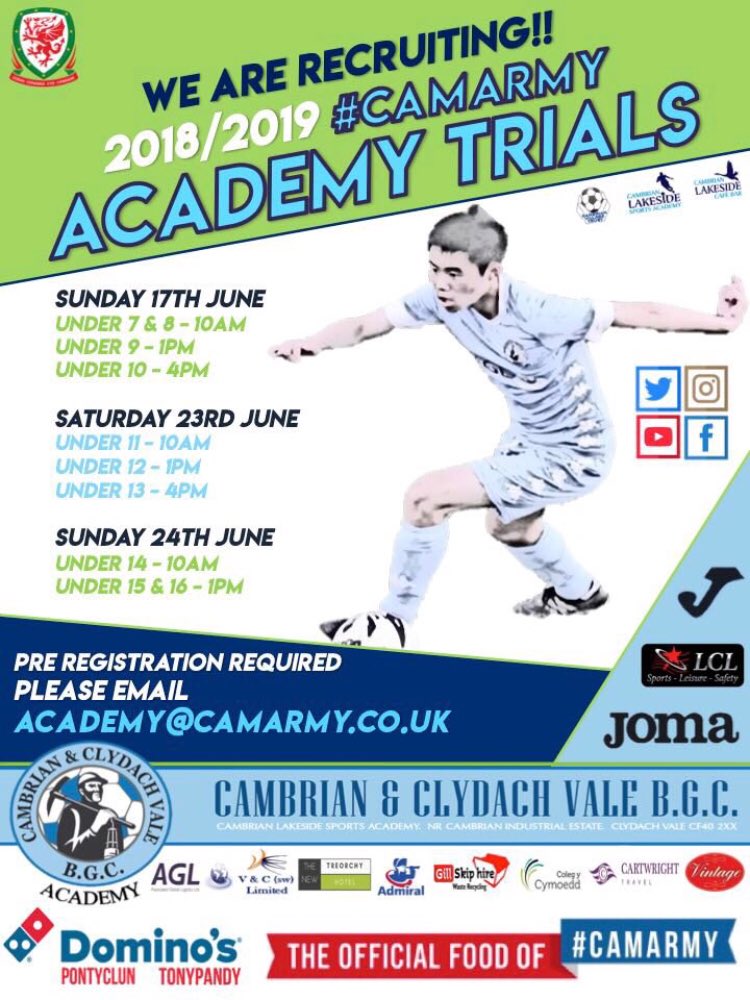 CamUtdAcademy's tweet photo. Just over a month to go until our first trial of 2018/2019!! OPEN TO BOYS & GIRLS
REGISTER NOW
#CamArmy
@TreherbertBgc @Treorchy_BGC @tonyrefailbgc @TonGelliBC @elyvalleyjfc7 @ElyValley @afcporthbgc @FerndaleAthFC @ARJuniorFL @_RDFL @PontyclunFC @RhydAFC @LlantwitAFC https://t.co/mY7Up1cBOl